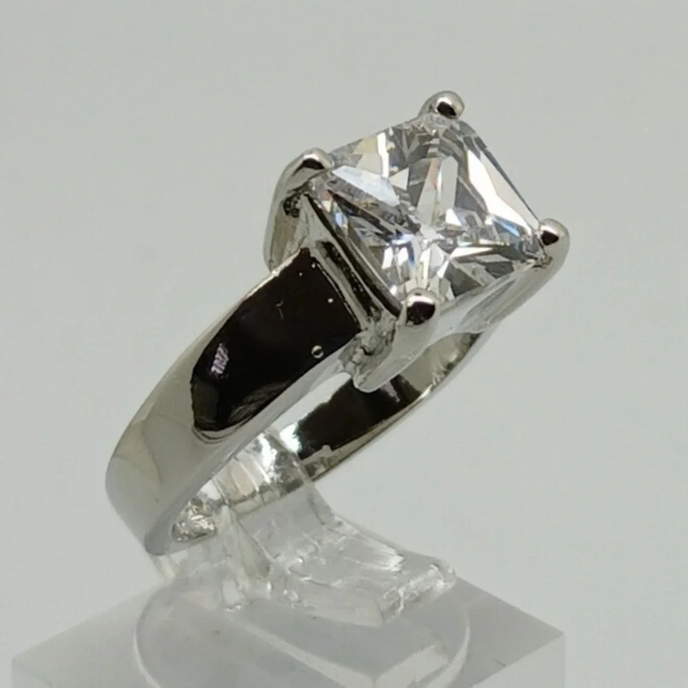 Vintage 90s Princess Cut Sim Diamond Solitaire Ring Silver Tone Wide Band Size 9